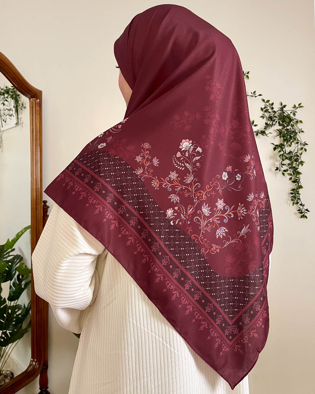 Back view displaying the beautiful, symmetric full-pattern distribution of the Hadiyah collection's Khamrat Al Ward designer hijab.